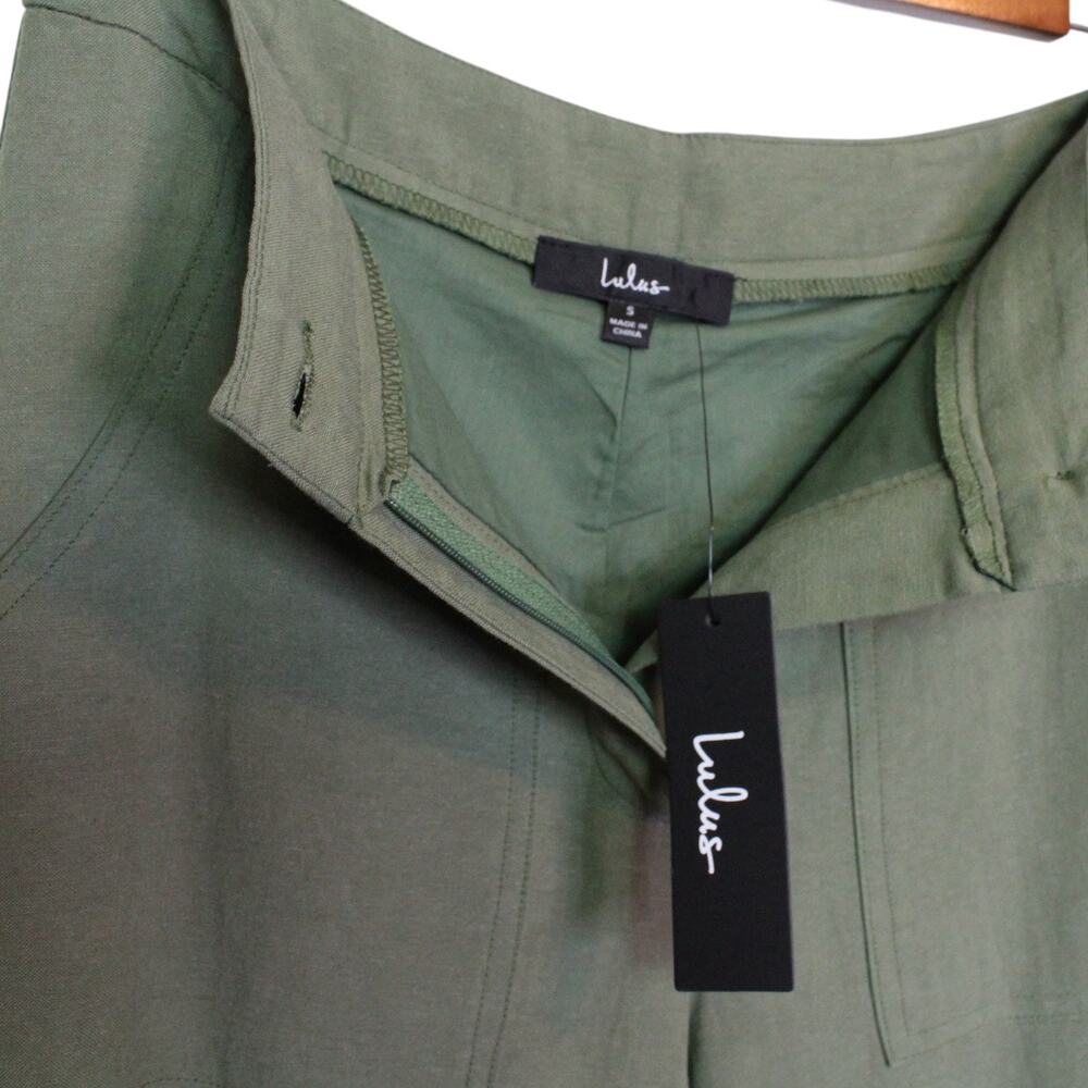 Lulus Jet Stream Olive Green High-Waisted Wide-Leg Pants Slit Hem Linen Blend Sm - Picture 9 of 14